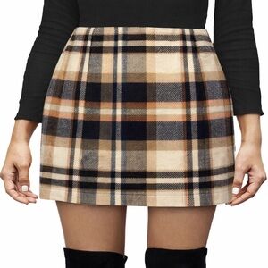 Plaid Wool Blend Skirt - Beige and Navy Size XL